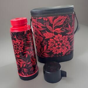 Vintage Aladdin Thermos Vinyl Bag Red Floral Rose Flowers